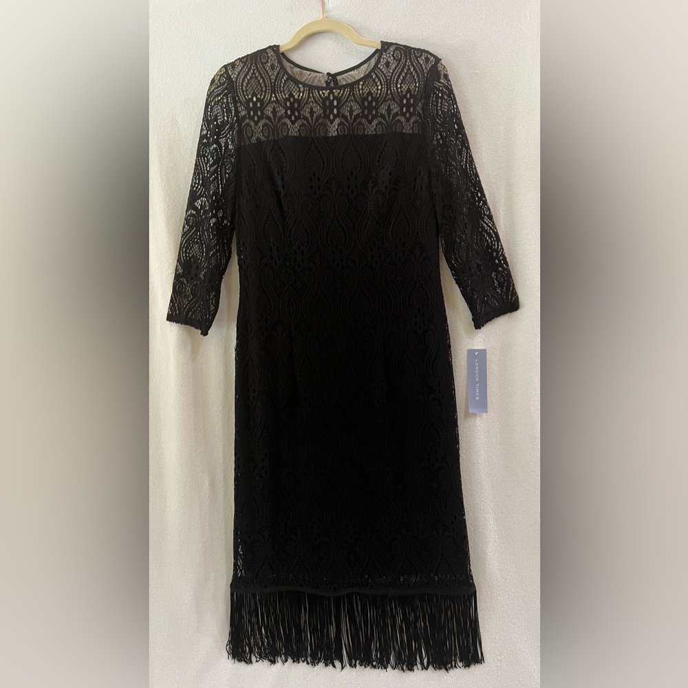 Black lace overlay dress with fringe bottom London Times brand, size 14.
